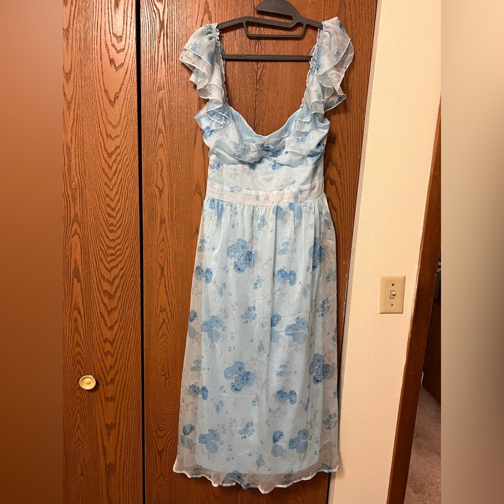 NWT Light Blue Lulus Loveliest Darling Dress XL Floral Ruffled Tie-Back Midi - Picture 7 of 16